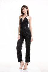 Ahead Of The Crowd Black Sequin Tassel Jumpsuit - Fashion Genie Boutique