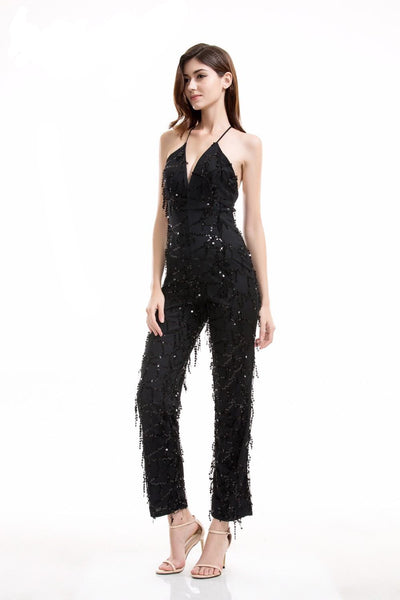 Ahead Of The Crowd Black Sequin Tassel Jumpsuit - Fashion Genie Boutique
