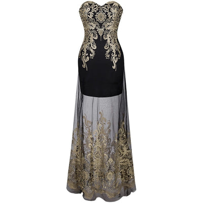 Jenna Black & Gold Embroidered Maxi Gown Dress - Fashion Genie Boutique