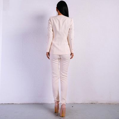Bella Beige Pearl Trousers and Blazer Co-Ord - Fashion Genie Boutique