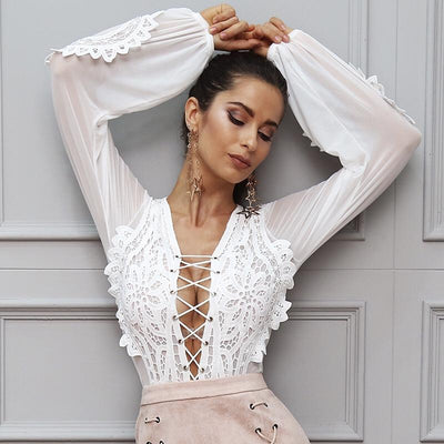 Loveable Lace Up White Long Sleeve Top - Fashion Genie Boutique