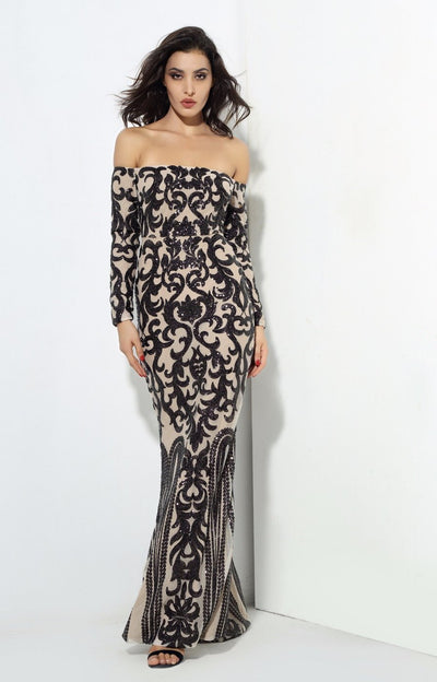 Avella Black & Nude Sequin Bardot Maxi - Fashion Genie Boutique