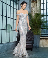 Sweetheart Silver Bardot Sequin Maxi Fishtail Dress - Fashion Genie Boutique