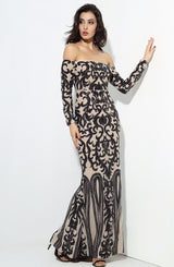 Avella Black & Nude Sequin Bardot Maxi - Fashion Genie Boutique
