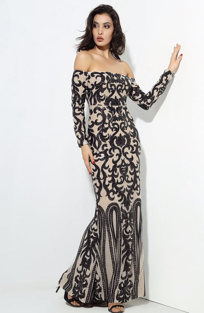Avella Black & Nude Sequin Bardot Maxi - Fashion Genie Boutique