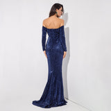 Dressed To Thrill Navy Sequin Bardot Maxi Dress - Fashion Genie Boutique