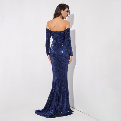 Dressed To Thrill Navy Sequin Bardot Maxi Dress - Fashion Genie Boutique