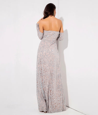 Princess Of Charm Silver Bardot Glitter Double Split Maxi Dress - Fashion Genie Boutique