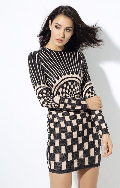 Harlie Black & Nude Glitter Long Sleeve Mini Dress - Fashion Genie Boutique