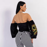 Dragon Black Bardot Embroidered Top - Fashion Genie Boutique