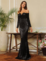 Oh So Fancy Black Bardot Sequin Long Sleeve Maxi Gown Dress - Fashion Genie Boutique