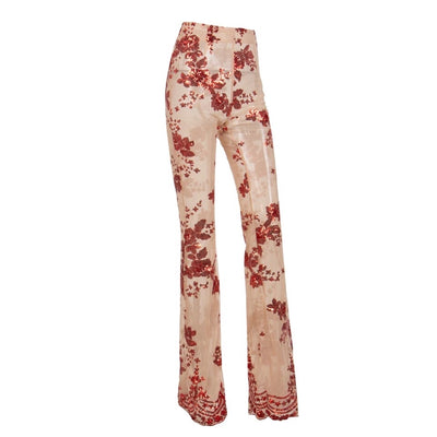 Little Wonder Red Sequin Mesh High Waisted Trousers - Fashion Genie Boutique