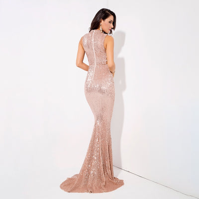 Million Dollar Babe Champagne Sequin Maxi Fishtail Gown Dress - Fashion Genie Boutique