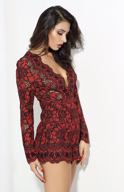 Bordeaux Lust Red Crochet Long Sleeve Playsuit - Fashion Genie Boutique