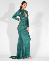 Cut It Out Green Keyhole Sequin Long Sleeve Maxi Fishtail Dress - Fashion Genie Boutique