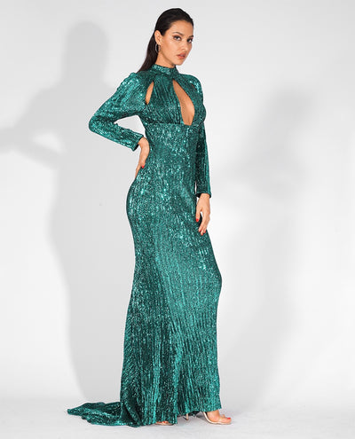 Cut It Out Green Keyhole Sequin Long Sleeve Maxi Fishtail Dress - Fashion Genie Boutique