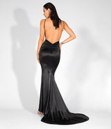 Glowing Goddess Black Satin Fishtail Maxi Dress - Fashion Genie Boutique
