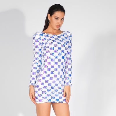 Check Mate White Iridescent Sequin Long Sleeve Dress - Fashion Genie Boutique