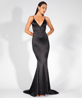 Glowing Goddess Black Satin Fishtail Maxi Dress - Fashion Genie Boutique