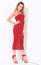 Glam Doll Red Strapless Sequin Midi Dress - Fashion Genie Boutique