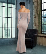 Molly Silver Bardot Glitter Embellished Long Sleeve Maxi Fishtail Dress - Fashion Genie Boutique