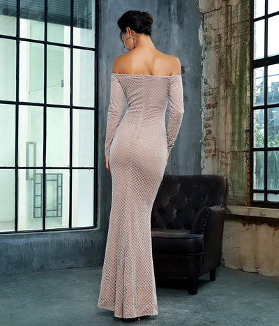 Molly Silver Bardot Glitter Embellished Long Sleeve Maxi Fishtail Dress - Fashion Genie Boutique