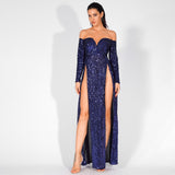 So Lavish Navy Sequin Bardot Double Split Maxi Dress - Fashion Genie Boutique