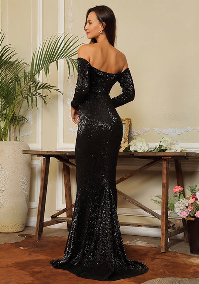 Oh So Fancy Black Bardot Sequin Long Sleeve Maxi Gown Dress - Fashion Genie Boutique