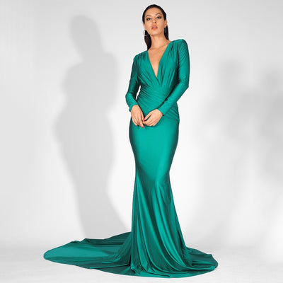 Always Dreaming Green Long Sleeve Fishtail Maxi Gown Dress - Fashion Genie Boutique