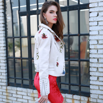 New Horizons White Faux Leather Embroidered Jacket - Fashion Genie Boutique