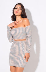 Walk the Line Silver Bardot Glitter Mini Dress - Fashion Genie Boutique