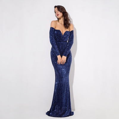 Dressed To Thrill Navy Sequin Bardot Maxi Dress - Fashion Genie Boutique