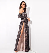 Princess Of Charm Black Bardot Glitter Double Split Maxi Dress - Fashion Genie Boutique