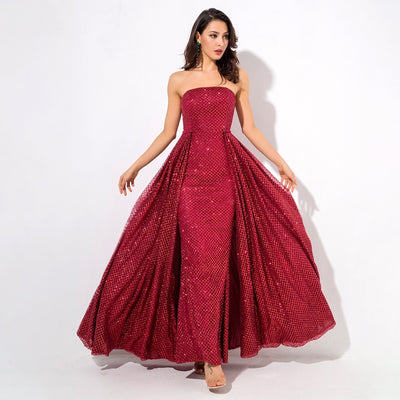 A Star Is Born Red Glitter Strapless Maxi Gown Dress - Fashion Genie Boutique