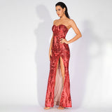Sweet Vision Red Strapless Sequin Spilt Maxi Gown Dress - Fashion Genie Boutique