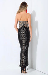 A Long Affair Black & Gold Sequin Strapless Maxi Dress - Fashion Genie Boutique