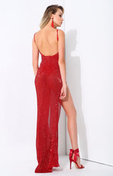 Iconic Red Sequin Double Split Maxi Party Gown Dress - Fashion Genie Boutique