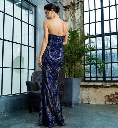 Sweet Vision Blue Strapless Sequin Spilt Maxi Gown Dress - Fashion Genie Boutique