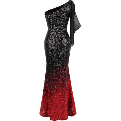 Oh My Posh Black & Red Sequin Gradient One Shoulder Maxi Gown Dress - Fashion Genie Boutique