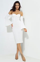 No Competition White Long Sleeve Bardot Midi Dress - Fashion Genie Boutique