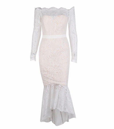 Vibe Seeker White Lace Bardot Midi Dress - Fashion Genie Boutique