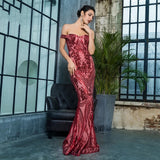 Sweetheart Red Bardot Sequin Maxi Fishtail Dress - Fashion Genie Boutique