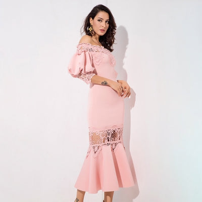 Mamacita Pink Bardot Lace Panel Midi Dress - Fashion Genie Boutique