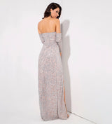 Princess Of Charm Silver Bardot Glitter Double Split Maxi Dress - Fashion Genie Boutique