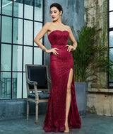Steal The Show Burgundy Strapless Glitter High Split Maxi Dress - Fashion Genie Boutique