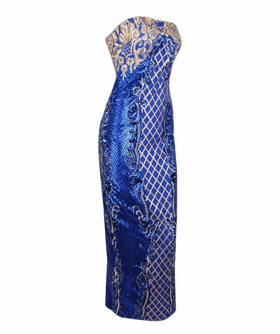 A Long Affair Blue & Gold Sequin Strapless Maxi Dress - Fashion Genie Boutique