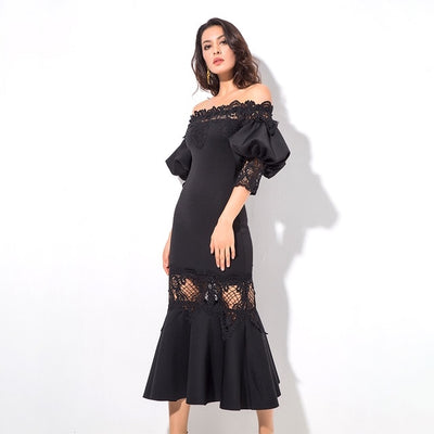 Mamacita Black Bardot Lace Panel Midi Dress - Fashion Genie Boutique