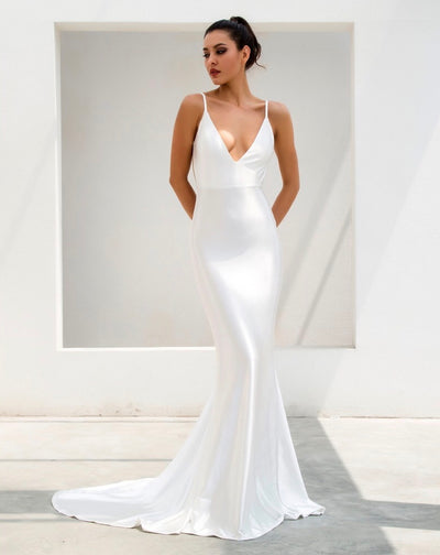 In Your Dreams White Maxi Satin Gown Dress - Fashion Genie Boutique