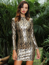 Maya Bay Gold Snake Print Long Sleeve Mini Dress - Fashion Genie Boutique