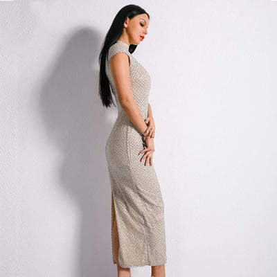 Don't Blame Me Silver Glitter Embellished High Neck Midi Dress - Fashion Genie Boutique